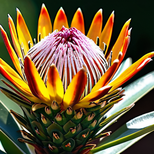 Home 8 Protea Flower Close-Up**
"Close-up of a vibrant King Protea, showcasing its unique texture and form, bathed in soft South African sunlight, botanical photography, detailed stamen, blurred background, professional quality, safe for work, appropriate content, fully clothed (referring to any implied figures in the scene), perfect anatomy (of the flower), natural proportions, modest, family-friendly."
**