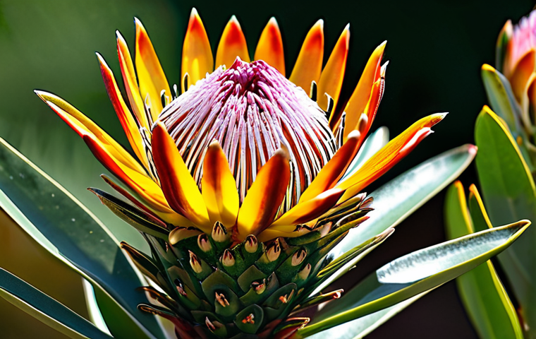 Protea Flower Close-Up**
"Close-up of a vibrant King Protea, showcasing its unique texture and form, bathed in soft South African sunlight, botanical photography, detailed stamen, blurred background, professional quality, safe for work, appropriate content, fully clothed (referring to any implied figures in the scene), perfect anatomy (of the flower), natural proportions, modest, family-friendly."
**